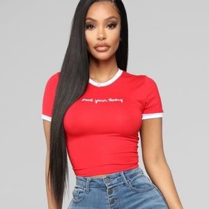 NWT Fashion Nova Red “ I Was Never Your Ringer” White Trim Short / Crop Top